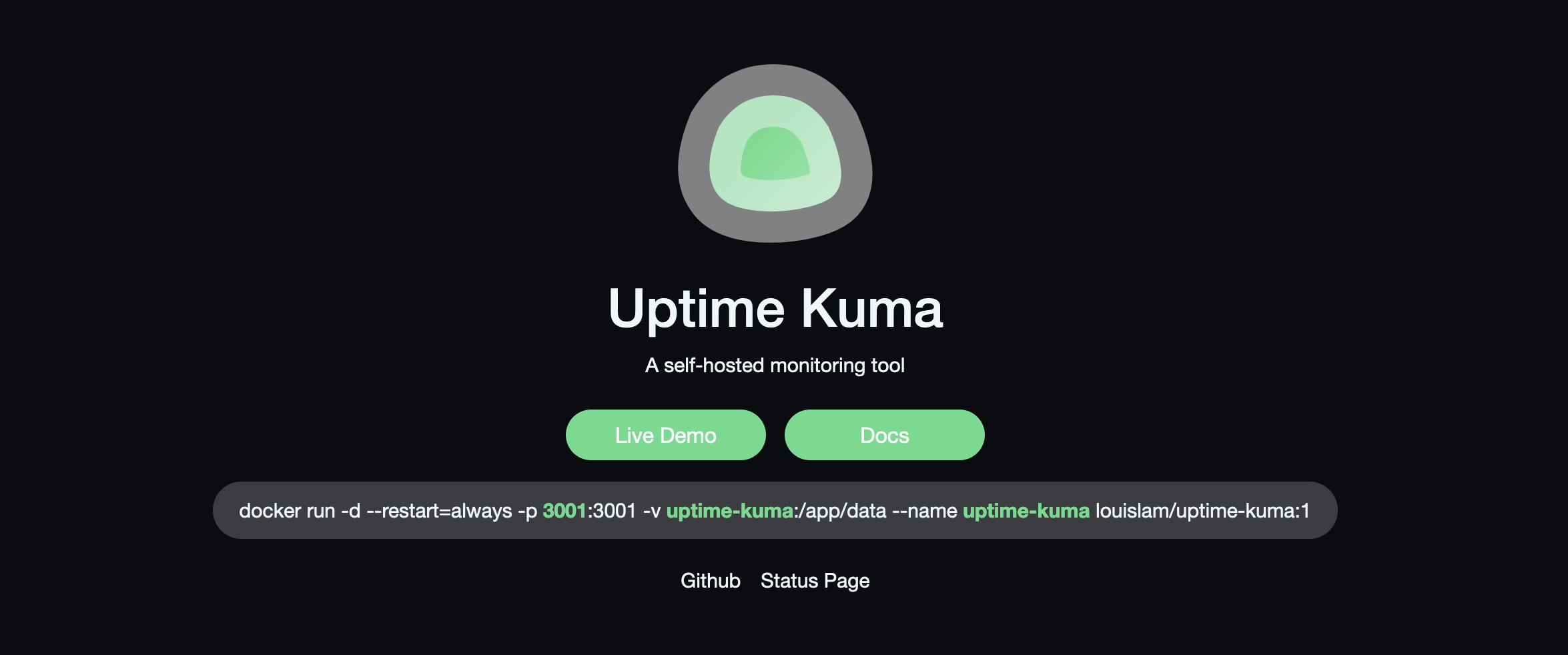 Uptime Kuma home page.